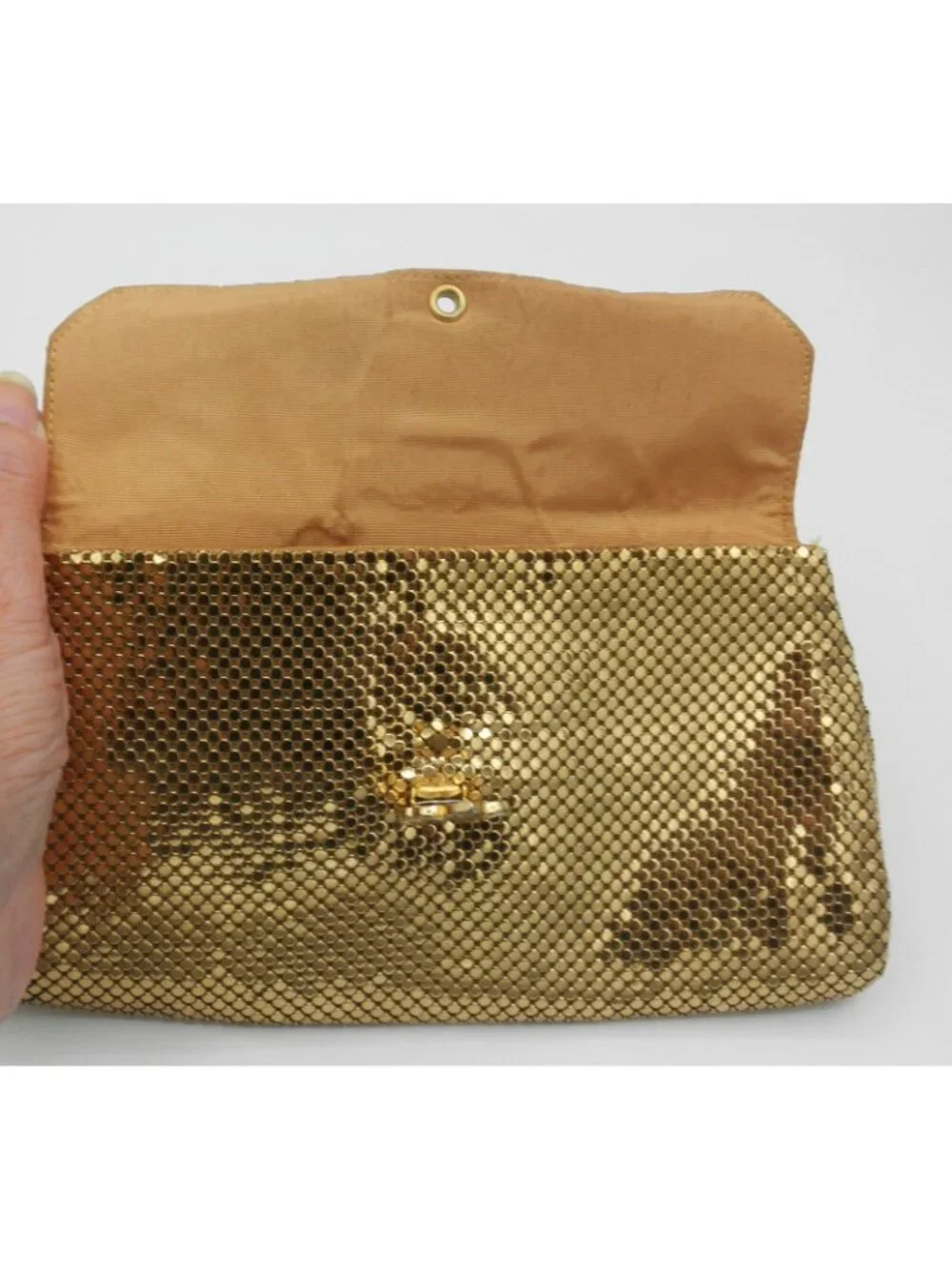 Vintage Whiting and Davis Gold Metal Mesh Rhinestone Clasp Clutch Purse FLAWS